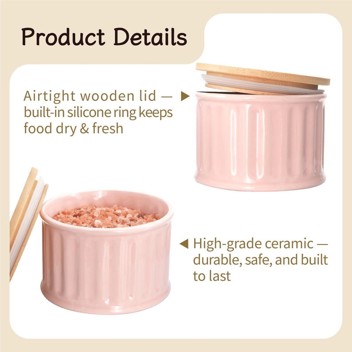 seicasaya Ceramic Condiment Pot with Bamboo Lid - 17oz Multi-purpose Seasoning Container for Salt, Sugar, Spices - Modern Striped Kitchen Countertop Storage Jar (Pink)