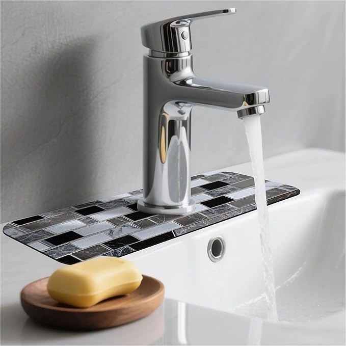 Kitchen Sink Splash Guard，White-black gray tiles Faucet Mat Sink Gadgets-Super