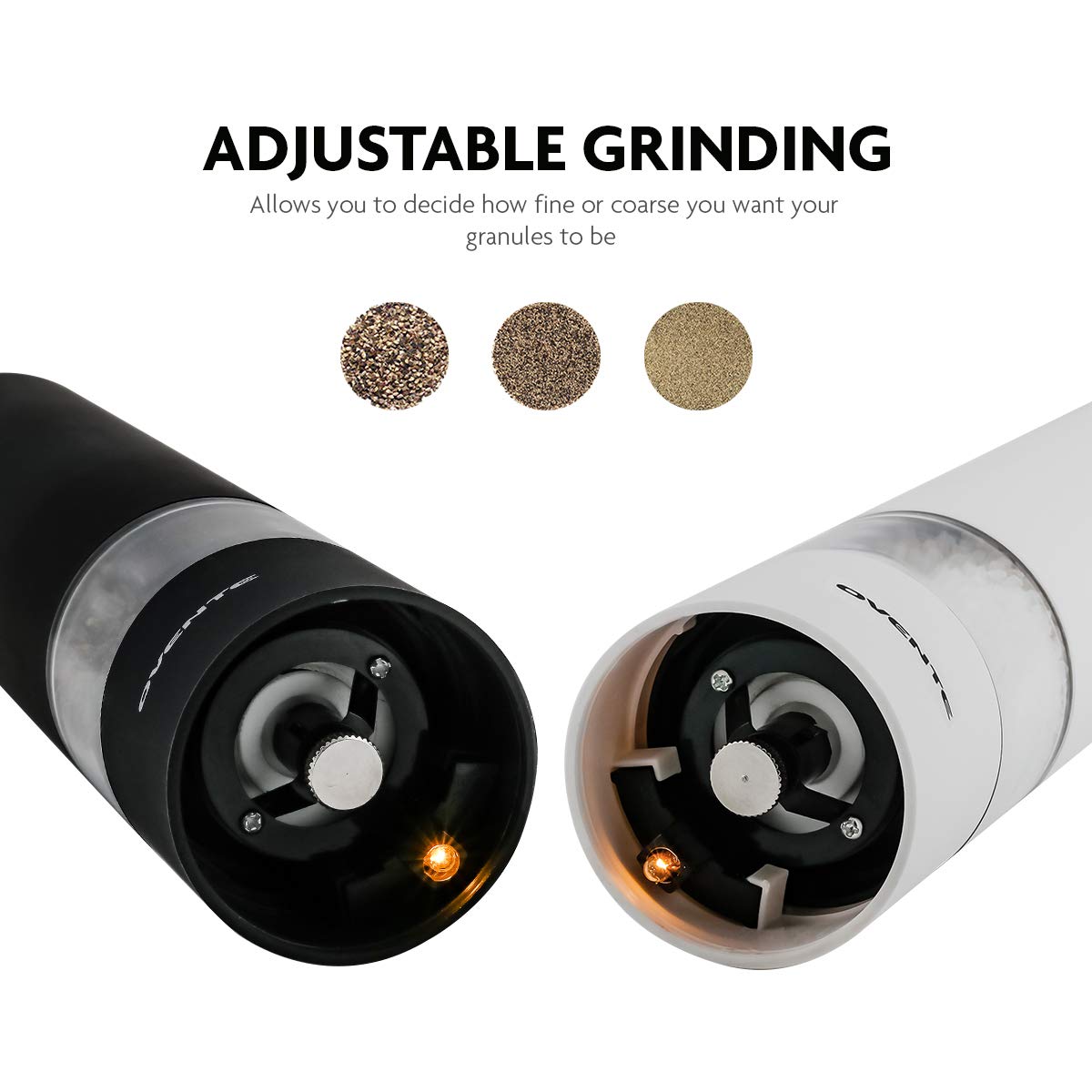 OVENTE Set of 2 Electric Salt & Pepper Mill Grinder, Battery Powered Stainless Steel Blades Automatic One Handed Operation with light and Adjustable Coarseness, Black and White SPD102BW