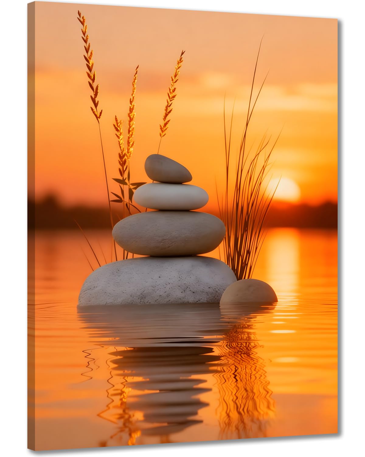 Zen Stone Canvas Wall Art, Sunset Lake Meditation Canvas Painting, Stacked Balance Stones Nature Landscape Artwork, Spa Relaxing Wall Decor for Bathroom Bedroom Living Room, Ready to Hang 12x16 16x24
