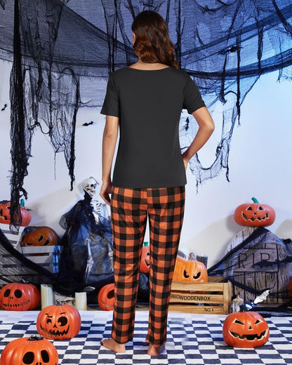 MyFav Womens Pajamas Halloween Sleepwear Family Matching Short Sleeve Adult Nightwear Black Orange,M