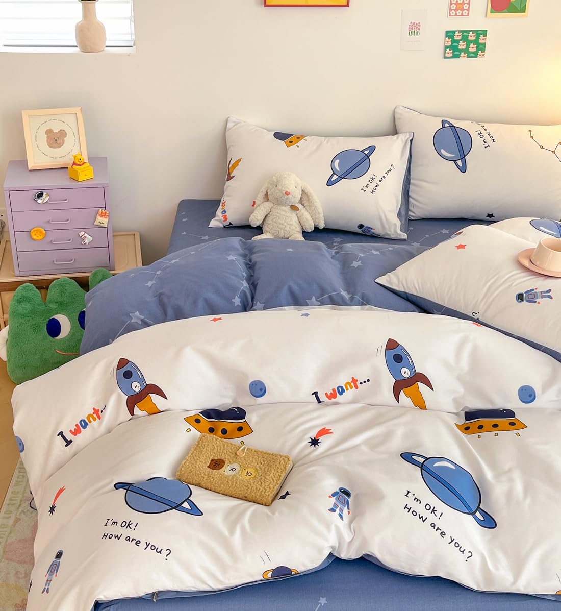 LIWHENHAO Space Duvet Cover Set Queen 100% Cotton Bedding Cartoon Astronaut Rocket Galaxy Print on White 1 Star Comforter Cover Full Zipper Closure 2 Pillowcases for Kids Girls Boys Woman