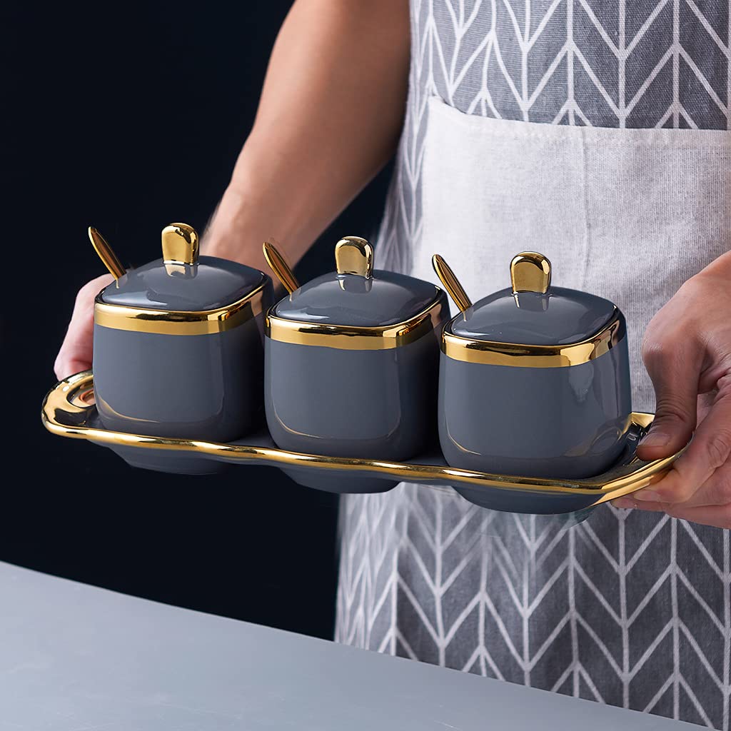 Fvstar Ceramic Sugar Bowls with Lid and Spoon,Gold Kitchen Spice Boxes Set,Salt and Peper Containers Set of 3,Coffee Sugar Bowls with Tray,Seasoning Storage Jars for Countertop and Bar,Gray
