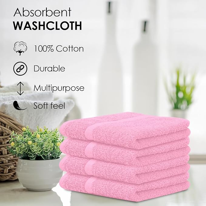 Avalon Towels Cotton Washcloths 24-Pack – 12 x 12 Inch Pink Super Soft &