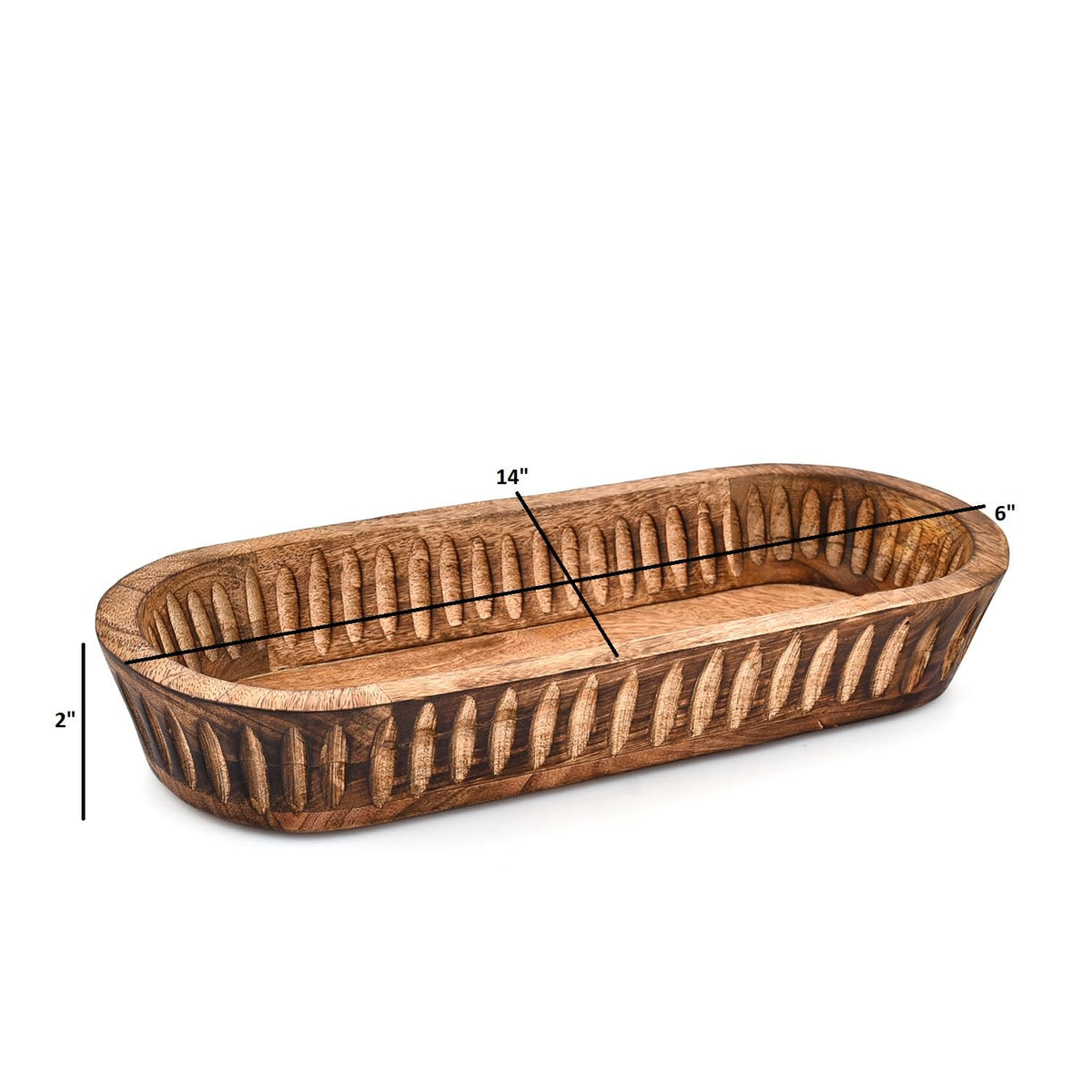 Kaizen Casa Decorative Mango Wood Bowl – Hand-Carved Wooden Centerpiece with Burned Finish for Entry Table, Coffee Table, Kitchen & Dining Room | Rustic Farmhouse Décor (14" X 6" X 2")