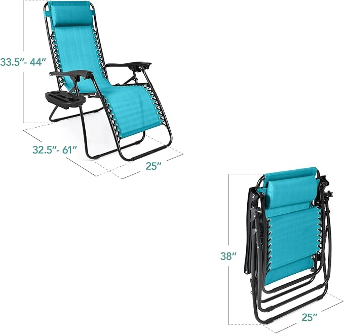 Best Choice Products Set of 2 Adjustable Steel Mesh Zero Gravity Lounge Chair Recliners w/Pillows and Cup Holder Trays - Peacock Blue
