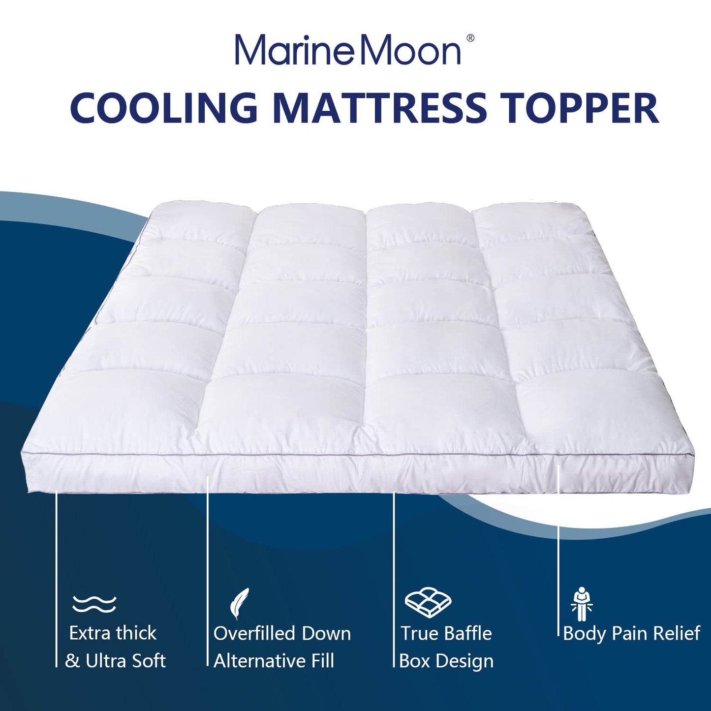 Marine Moon Mattress Topper Queen, Cooling Plush Bed Thick Pillow Top Pad, Hotel Quality Down Alternative for Queen Size with Deep Pocket,Soften Hardened Bed