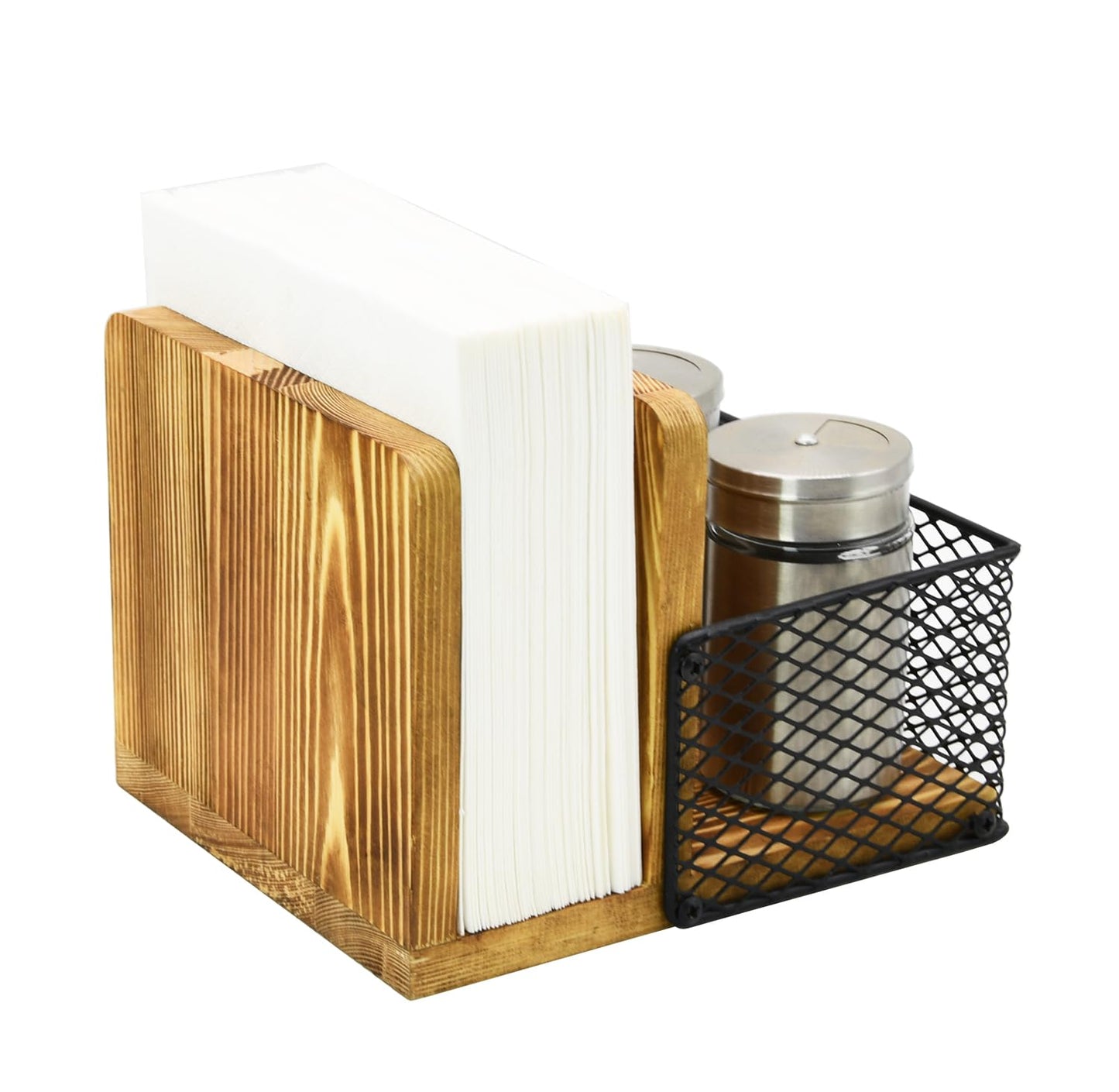Rustic Burnt Wood Napkin Holder with Black Metal Mesh Spice Rack – 2-in-1 Farmhouse Style Napkin and Condiment Organizer for Kitchen or Restaurant, 5.5” x 6.5” x 5”