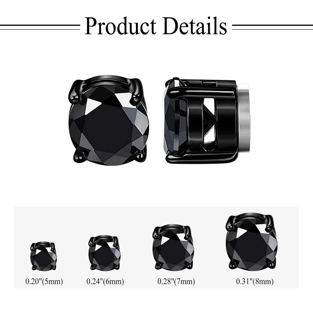 Magnetic Non-piercing Clip On Earrings: Stainless Steel 5-8mm Black CZ Inlay Round Fake Cheater Studs for Men Women, 4 Pairs