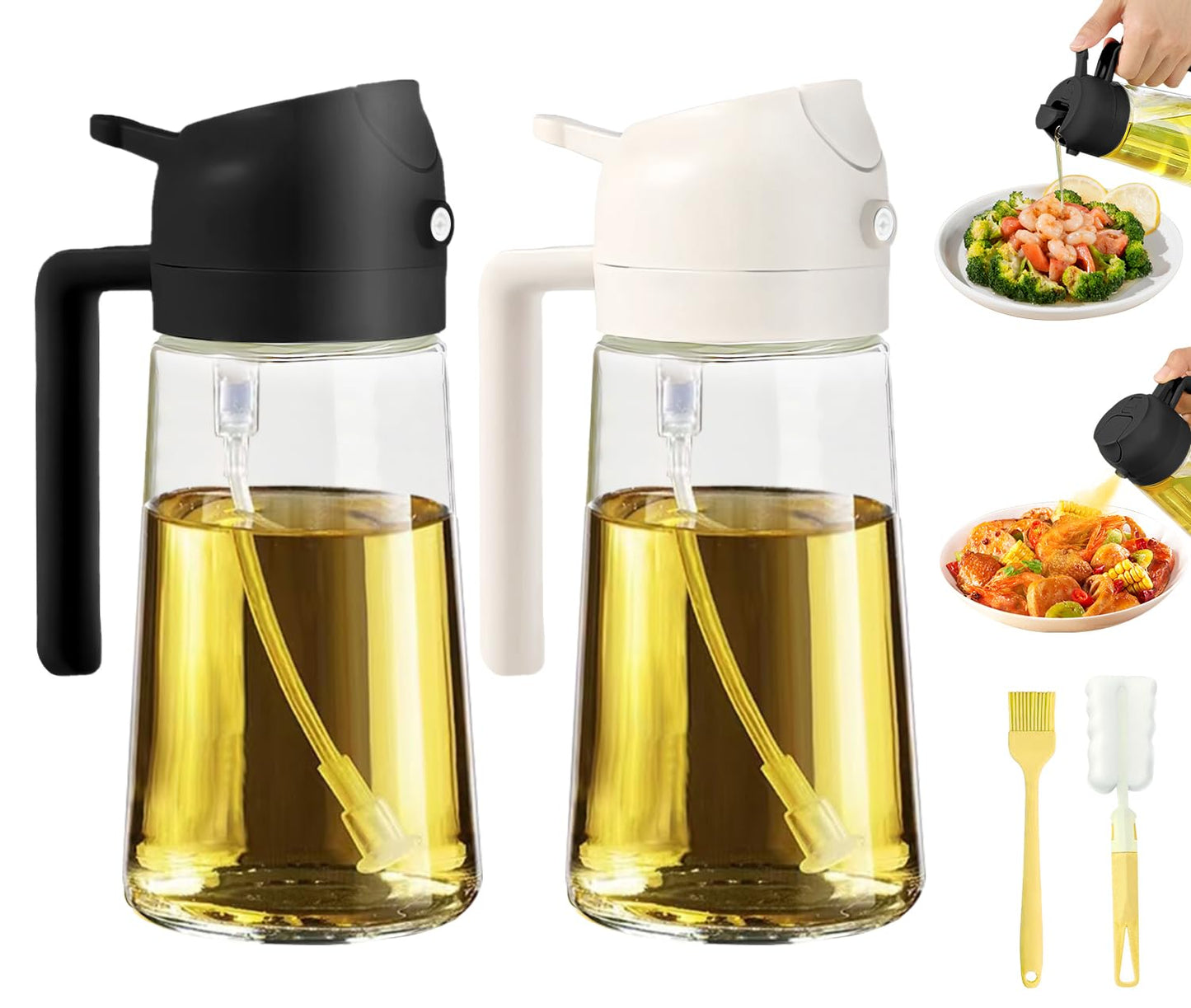 Oil Dispenser for Kitchen, 2 in 1 Olive Oil Sprayer, Olive Oil Dispenser Spray Bottle with Brush, Oil Sprayer for Cooking for Air Fryer, Barbecue, Salad 16oz/470ml (Black)