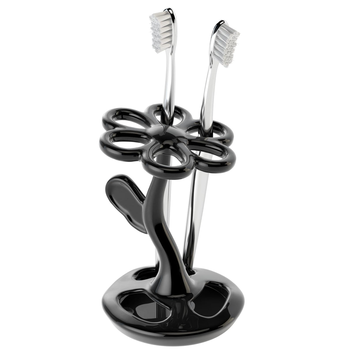 Ceramic Toothbrush Holder, Creative Flower-Shaped Toothbrush Stand for Bathroom, Multifunctional Storage for Toothbrushes & Makeup Brushes, Fits Handles < 0.47 Inches, 3 Colors (Black)