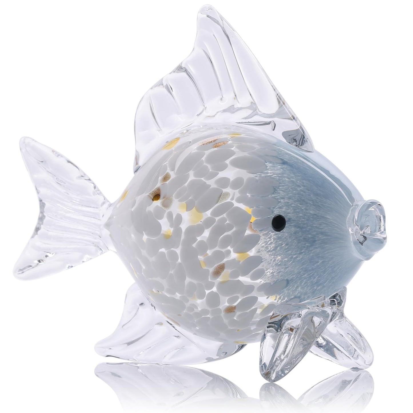 Large Hand Blown Glass Fish Figurines, Aquarium Sea Glass Art, Blue White Fish Statue Sculpture Modern Coastal Accent - for Beach Knick Knacks, Coffee Tables, Nautical Offices Centerpiece