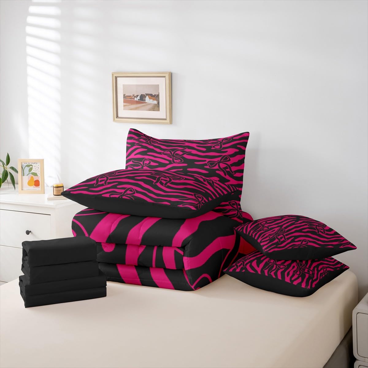 jejeloiu Bow Comforter Set with Sheets 7 Piece Twin Size Zebra Stripes Bedding Set for Kids Boys Girls Wild Animal Skin Bed in a Bag Cute Bowknot Room Decor Hot Pink Soft Lightweight Microfiber