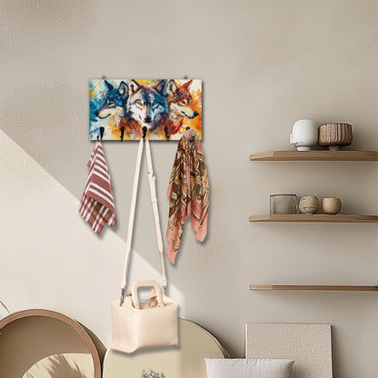 DELORIGIN Wolf Key Holder Wall Mounted Wooden Keys Racks Storage Organizer Hanger with 5 Key Hooks House Keys Holder for Wall Decor Door Entryway Hallway Kitchen New Home Gift