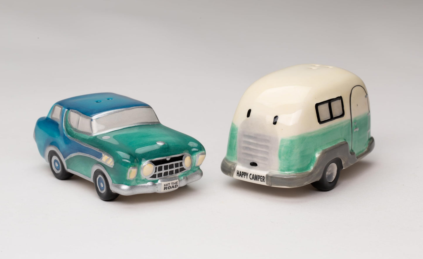 Fine Ceramic Happy Camper Car with Camping Trailer Salt and Pepper Shakers Set