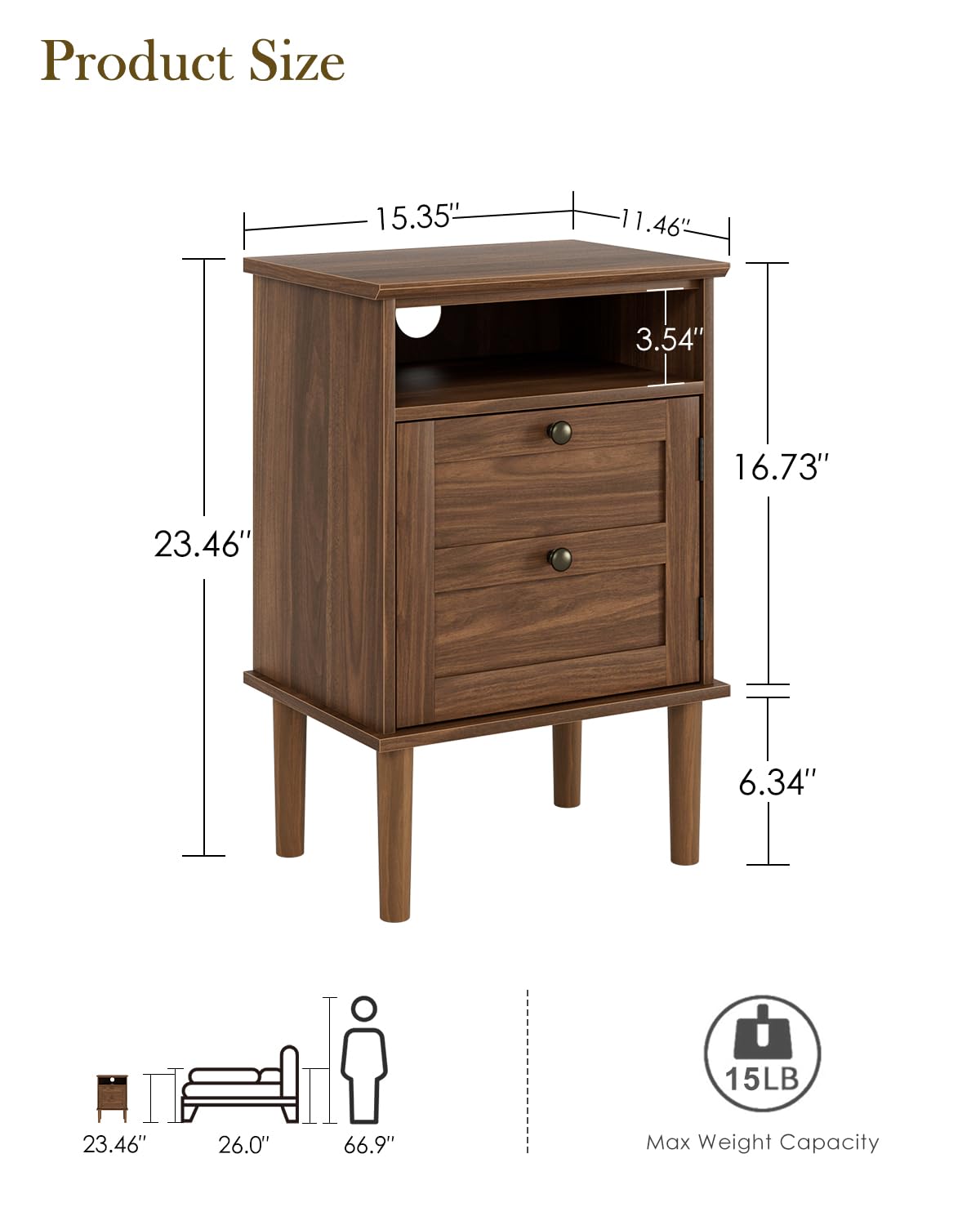 Apetaccat Nightstand, Boho Night Stand with 1 Drawer, Modern Side Accent Table with Open Shelf, Wooden Top Bedside End Table for Bedroom, Living Room, Walnut