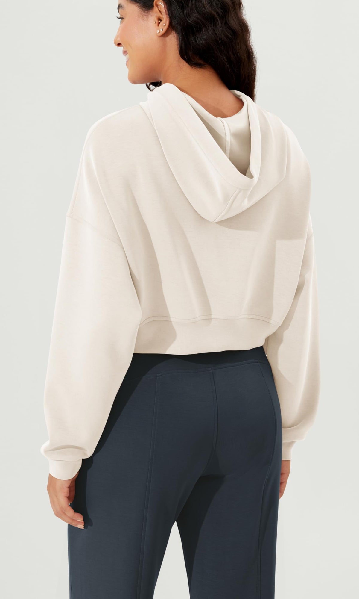 ODODOS Women's Modal Soft Full-Zip Cropped Hoodies with Pockets Long Sleeve Crop Casual Sweatshirts, Ivory, Medium
