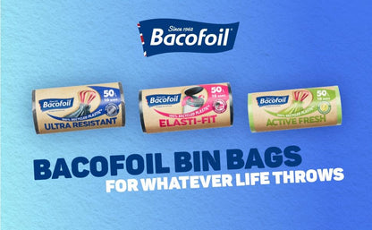 Bacofoil Elasti-Fit Bin Liners - 50L Recycled bin bags, 3 Rolls (30 Bags) - Leak-Proof, Elastic Fastening for Secure Fit - Made from 100% Recycled Plastic - Eco-Friendly Waste Disposal.