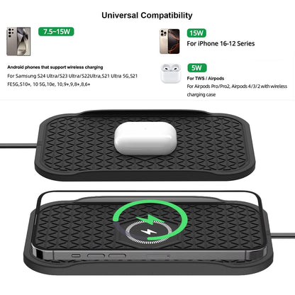 Wireless Car Charger Silicone Pad, for iPhone12/11 Pro/XS/XR/8/8Plus,15W Fast Car Wireless Charging Non-Slip Mat, for Samsung S21/S22/S23/S24/S25/Androids,80cm Cable, Black