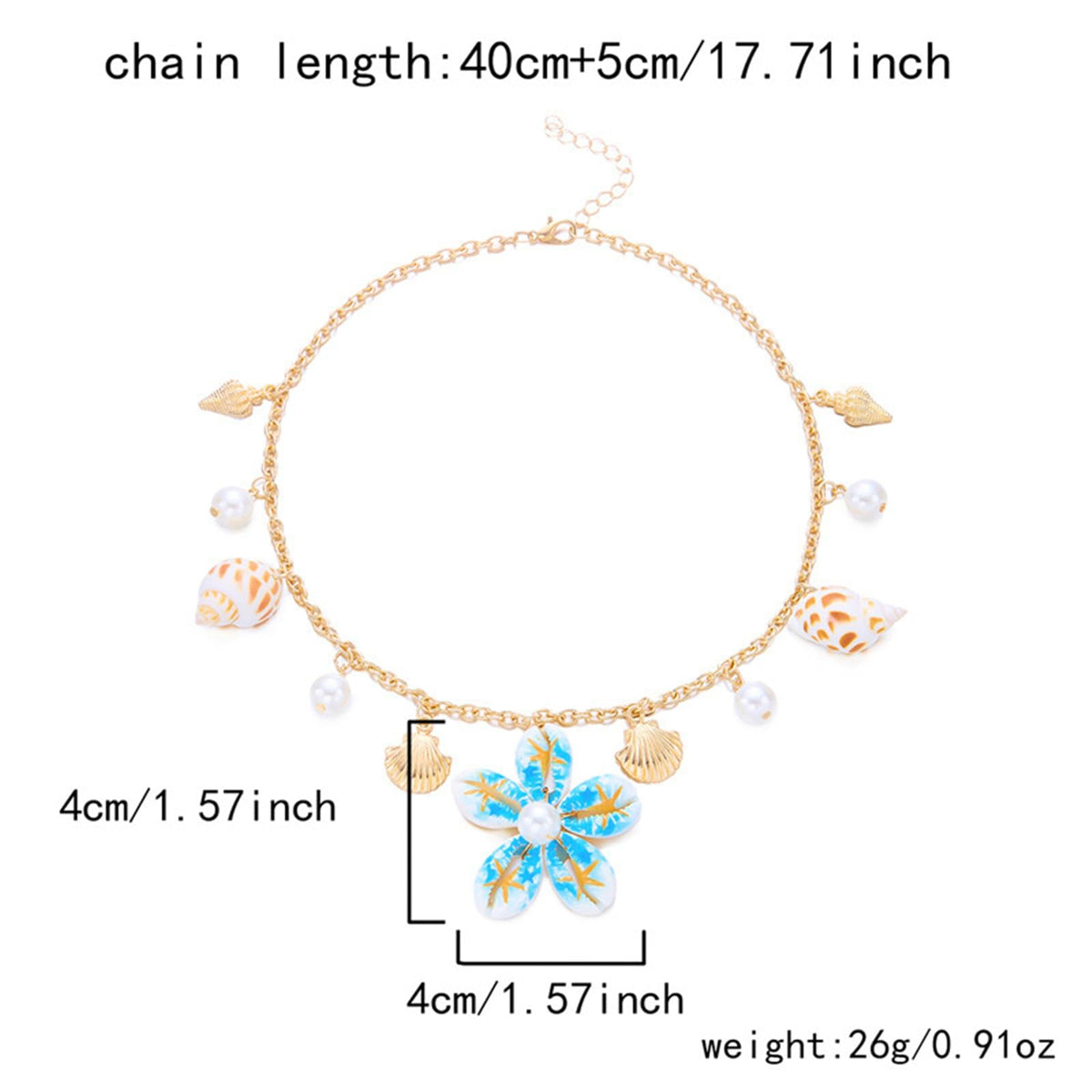Seashell Flower Charm Necklace for Women Gold Plated Bohemian Starfish Sea Shell Cowrie Conch Floral White Pearl Ball Pendant Necklace for Ocean Summer Coastal Beach Holiday Outfits Trendy Jewelry (Blue)