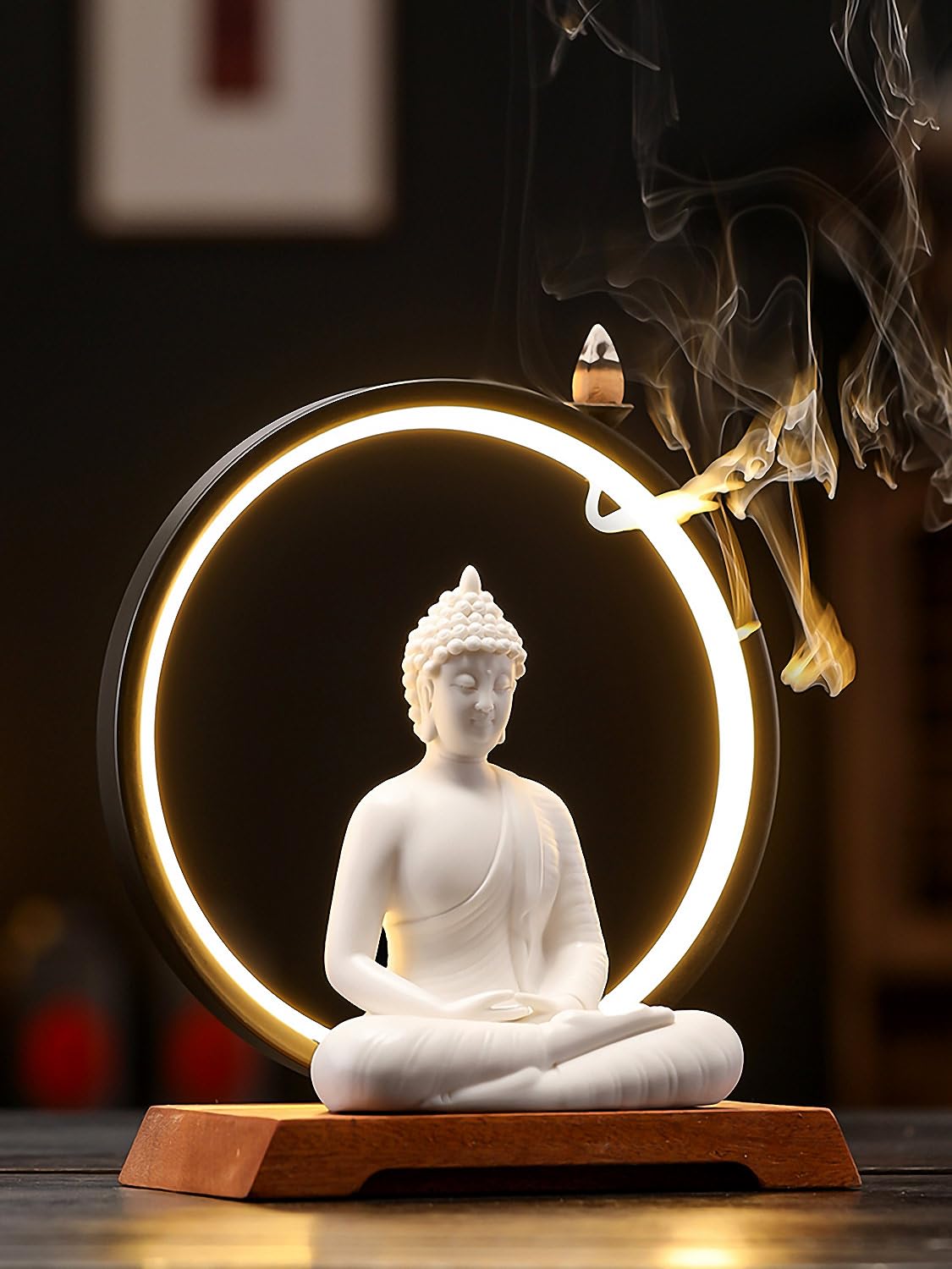 Dyware 8.8 Inch LED Buddha Statue for Indoor, White Ceramic Small Buddha Statue with LED Light for Home Decor