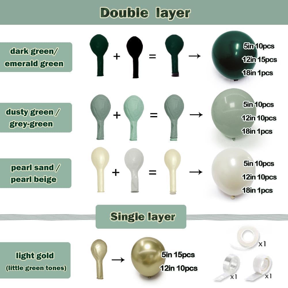 Emerald Green Gold Balloon Arch Kit Double Stuffed Dark Dusty Green Pearl White Sand Latex Christmas Balloon Garland for Birthday Wedding Anniversary Xmas Winter New Year Party Decoration