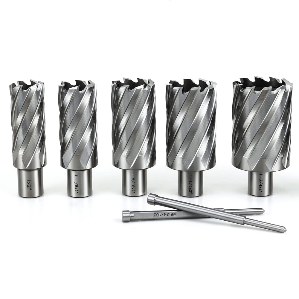 OSCARBIDE Annular Cutter Set 8 Pieces, 3/4" Weldon Shank, 2" Cutting Depth,Cutting Diameter(1,1-1/8,1-5/16,1-1/2,1-3/4 and 2) inch, Mag Drill Bits for Magnetic Drill Press with 2pcs Pilot Pins