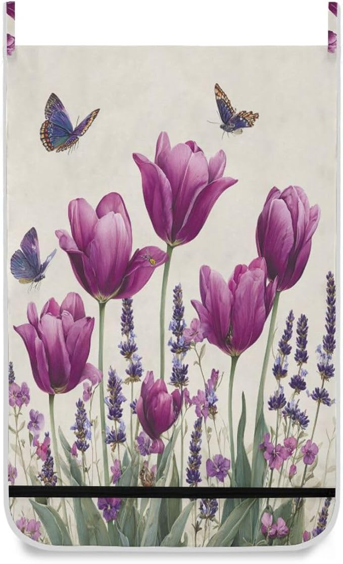 Purple Tulilp Butterfly Hanging Laundry Hamper Door Hampers Bag Basket