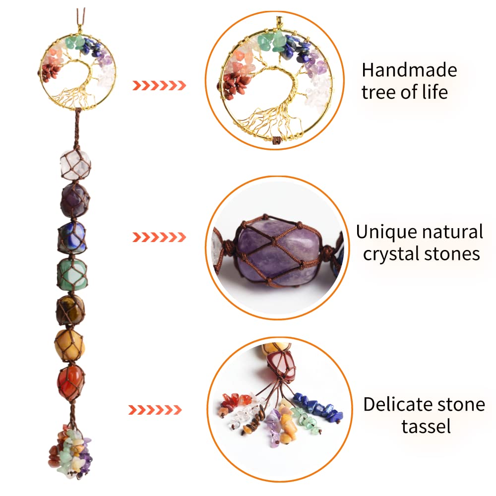Handmade Tree of Life Ornament 7 Chakra Healing Crystals Hanging Ornament for Car Wall Window Home Decor Christmas Tree (Brown Thread)