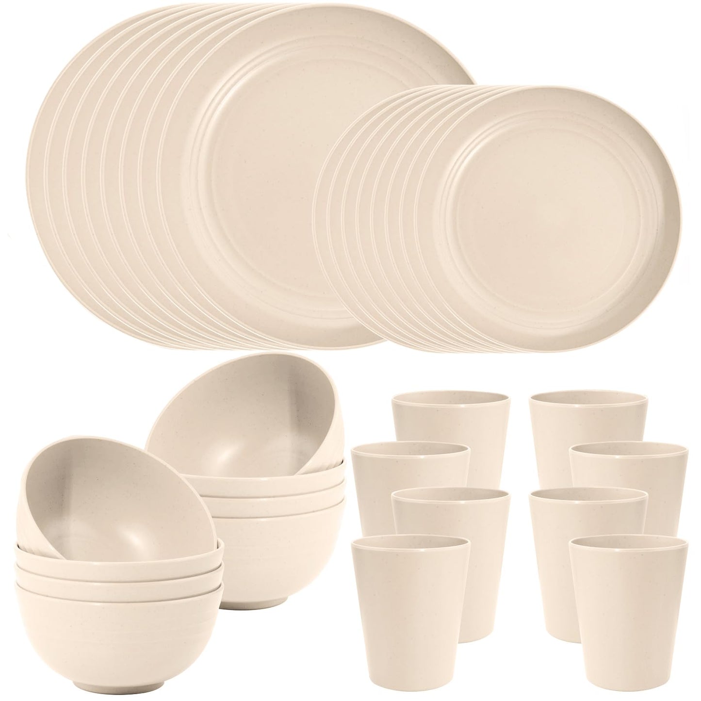 LIYH 32 Pcs Beige Wheat Straw Dinnerware Set for 8, Plastic Plates and Bowls Set, Unbreakable Dishes Set for 8, Dishwasher & Microwave Safe Reusable