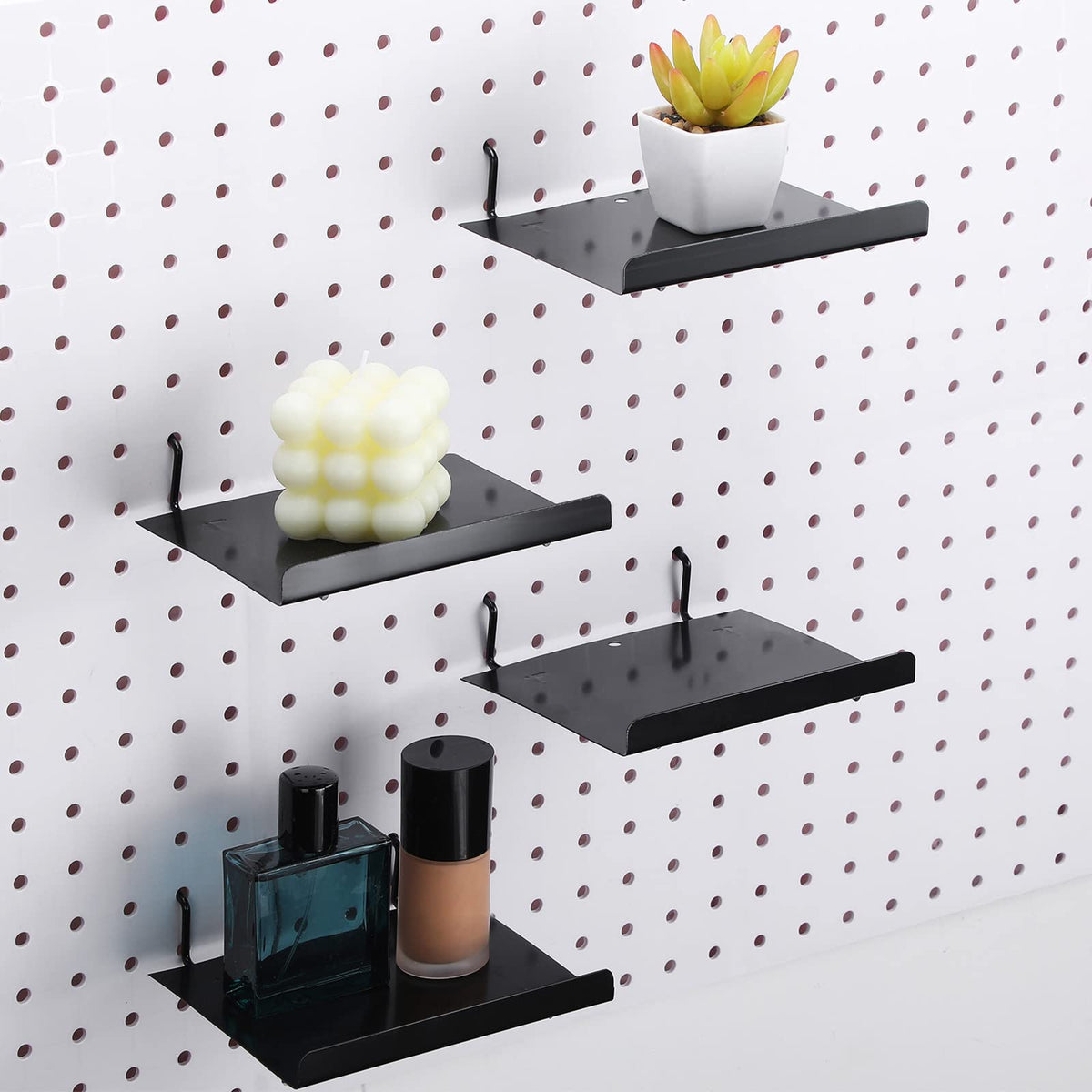Coume 4 Pack Pegboard Shelves Wall Organizer Peg Board Shelf Brackets Steel Tray Pegboard Accessories Organizing Tools for Craft Room Home Garage Nursery Workbench Kitchen, Black, 5.91 x 4.72 Inch