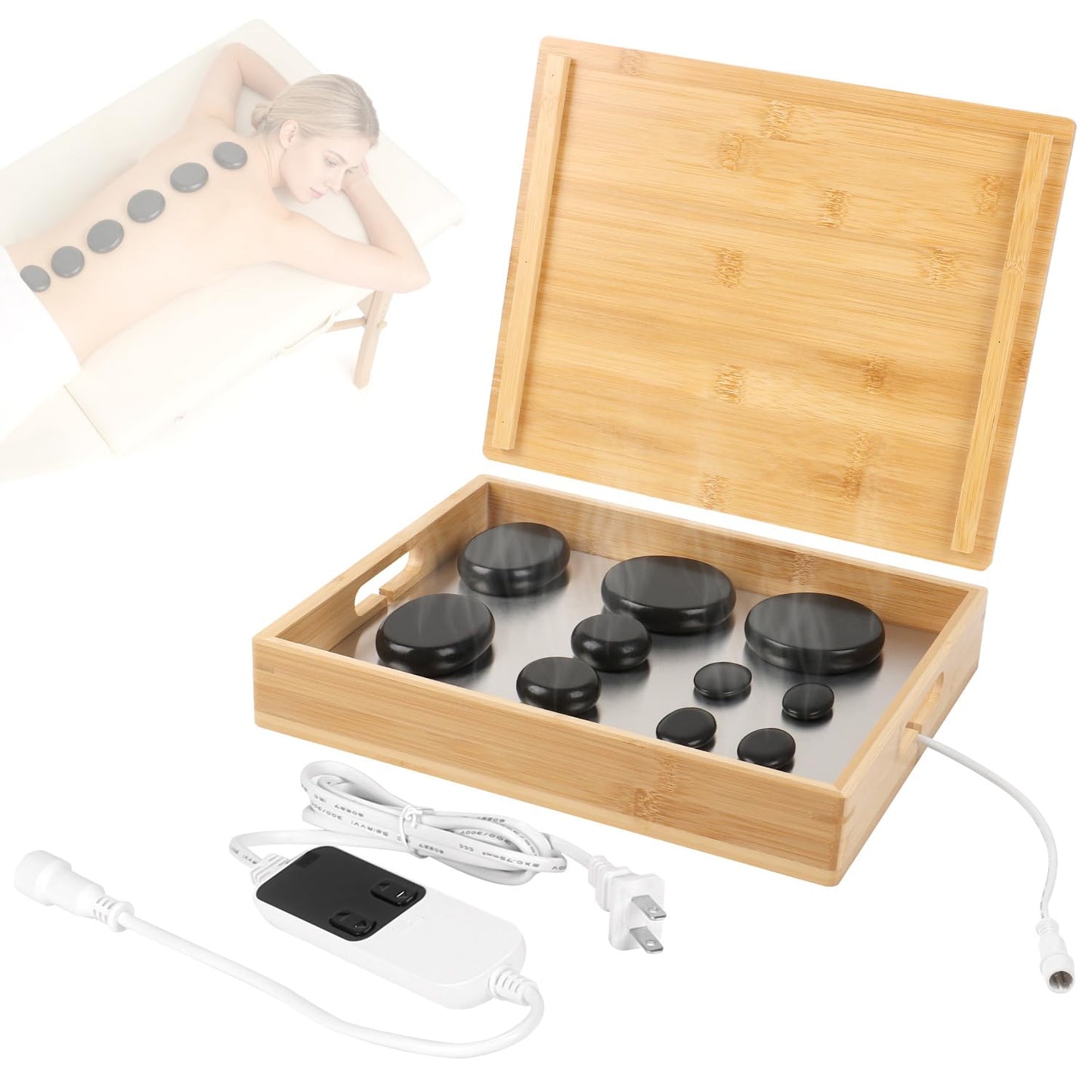 OnVisit Hot Stone Massage Set with Warmer Kit, 10 PCS Rocks Stones with Bamboo Heater Box, Temperature Control and Timing Setting, Massage Stone Heater for Spa & Home Use