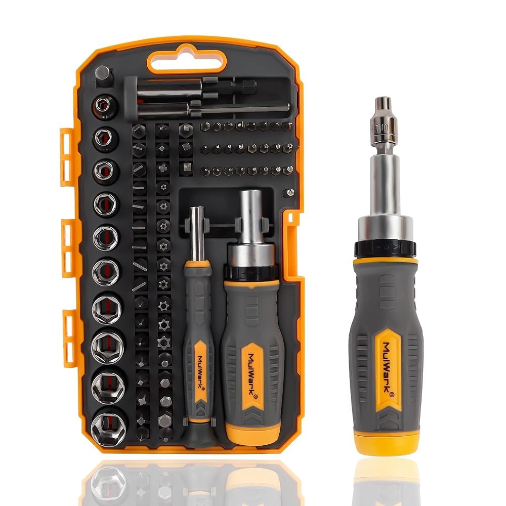 MULWARK Screwdriver Bit Set & Socket Kit, 77-Pieces Ratcheting Screwdriver Set with Case, 77 in 1 Multi Bit Screw Driver for Home DIY, Electronics, Car Emergency and Garage