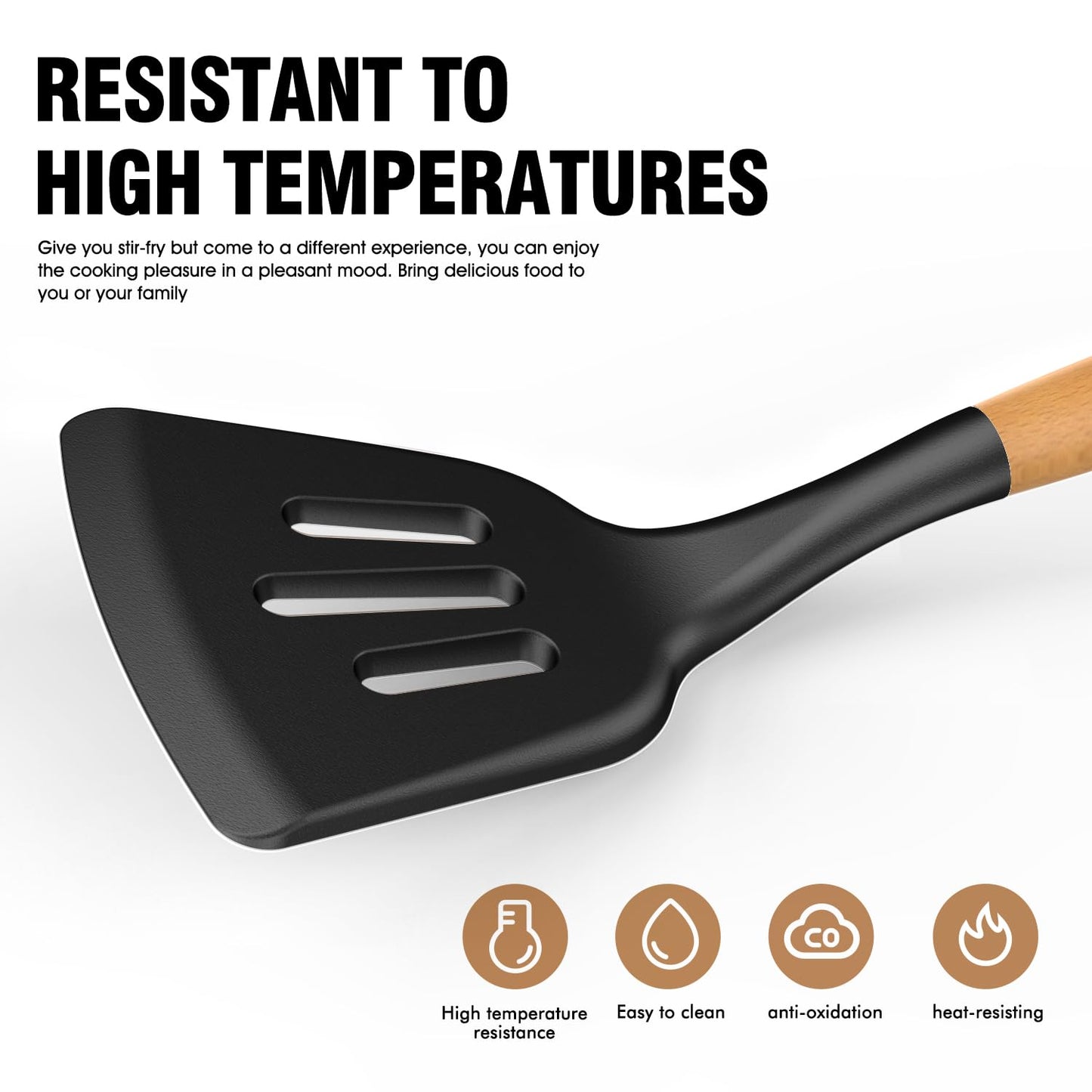 Silicone Cooking Utensils Set - AVGPD Silicone Kitchen Utensils for Cooking Wooden Handles, 446°F Heat Resistant Kitchen Utensil Spatula Sets, Gadgets for Non-Stick Cookware BPA FREE (Black)