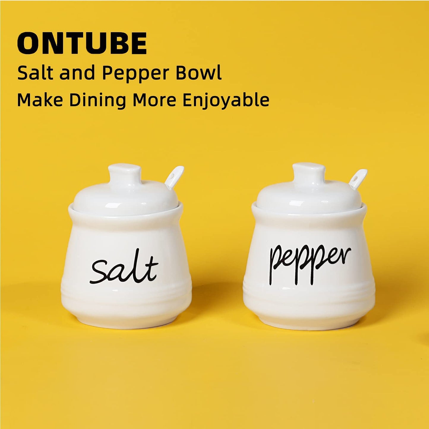 ONTUBE Ceramic Salt and Pepper Bowls with Lid and Spoon 12oz (White)