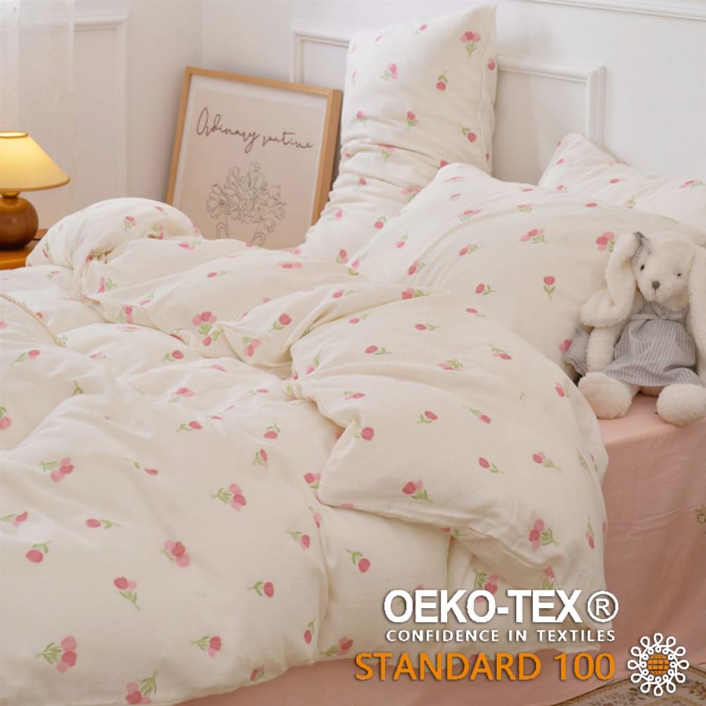 Erwinmu Floral Comforter Set King Size - 3 Pieces Pink White Floral Comforter Bedding Sets Tulips Pattern,King Bed in a Bag with Heart Comforter and 2 Pillowcases