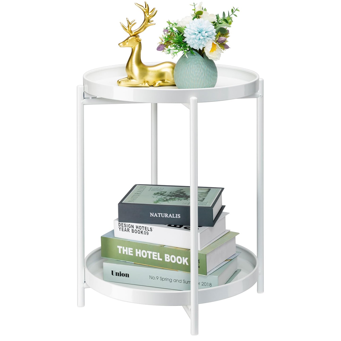 Danpinera 2 Tier Metal Side Table with Removable Tray - Round Accent Table, Anti-Rust White Nightstand for Bedroom, Balcony, Patio