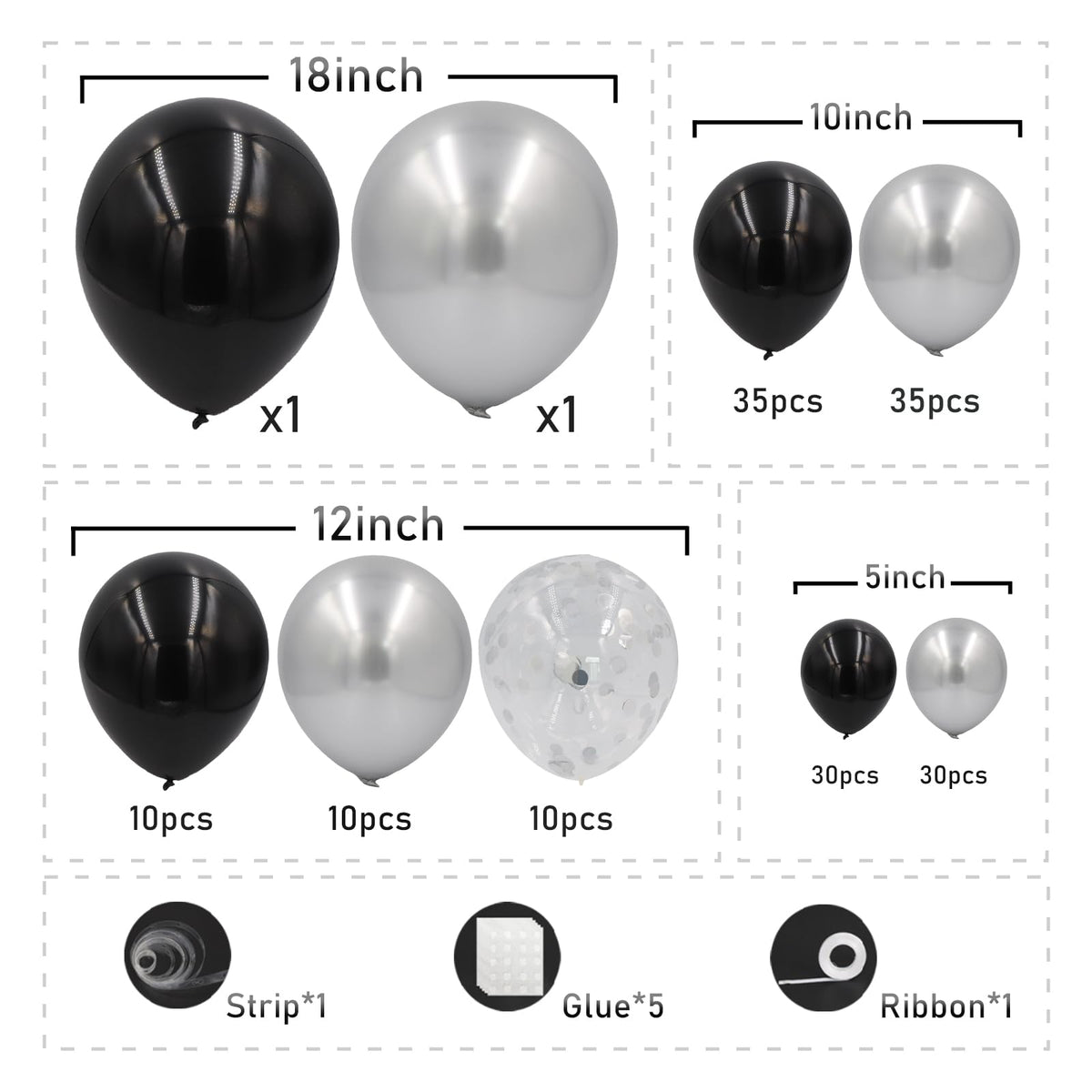 Black and Silver Balloons Arch Kit, 162pcs Different Sizes with Black Metallic Silver Confetti Balloons for Prom Anniversary Birthday 2025 Graduation Party Decorations