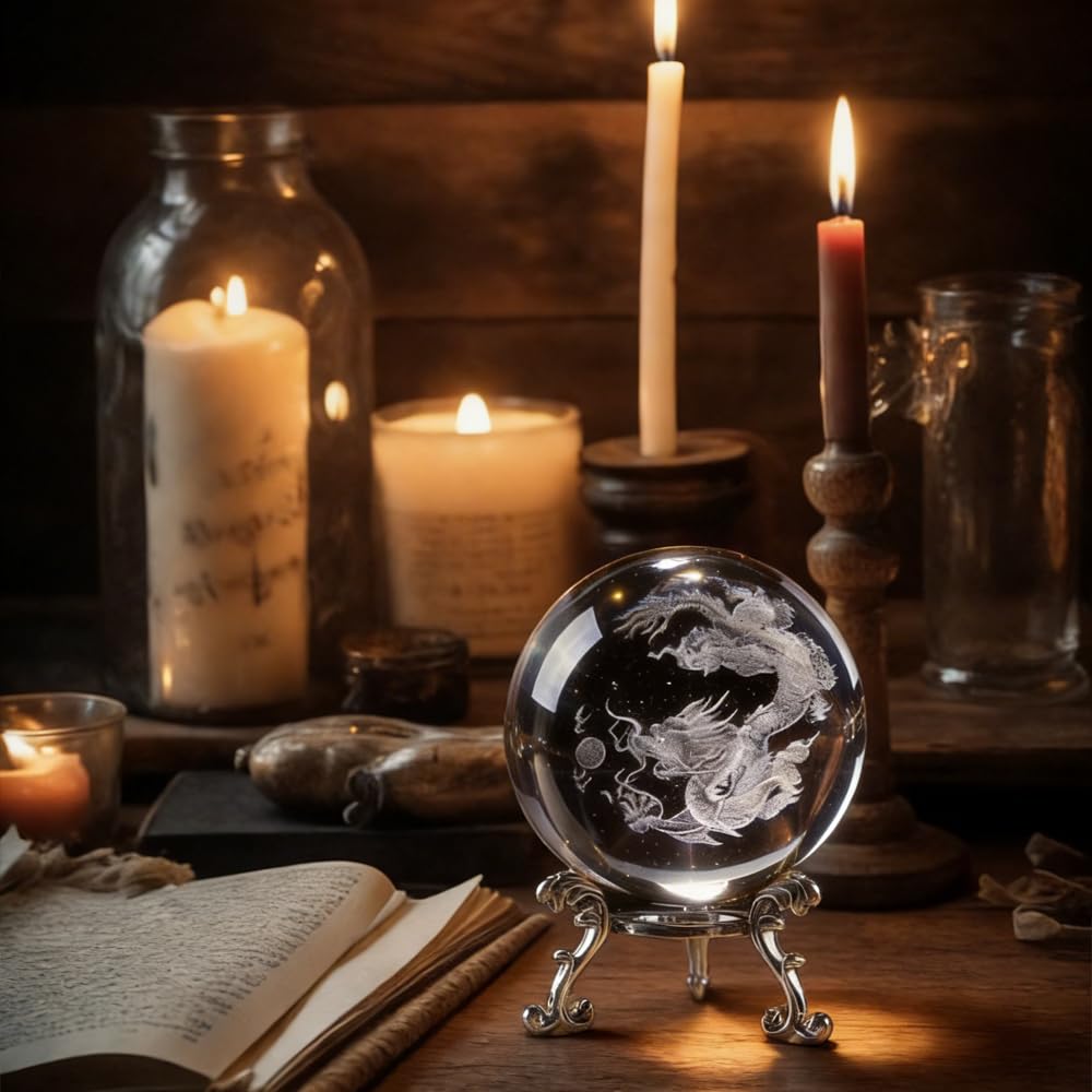 Aprbella 3D Engraved Chinese Dragon Crystal Ball - Fengshui Dragon Decor Statue Figurine, Chinese Decor for Home Office, Housewarming Gift