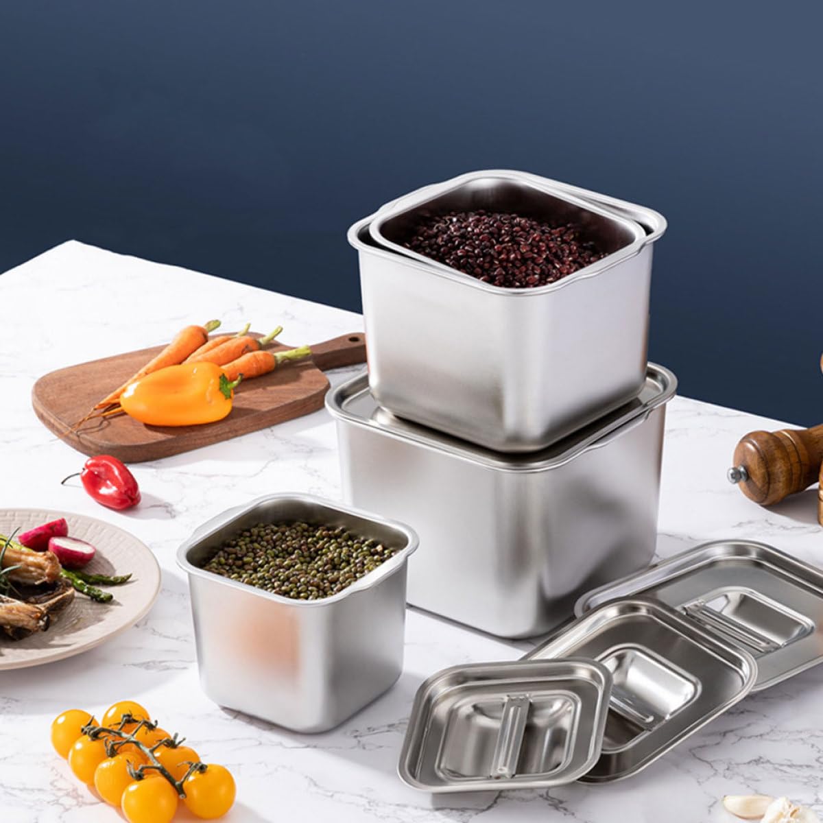 NUOBESTY Stainless Steel Condiment Pot with Lid Seasoning Jar for Kitchen Spice Container Silver Countertop Container for Sugar Salt and Sauce 4.72 X 4.72 X 3.93 in