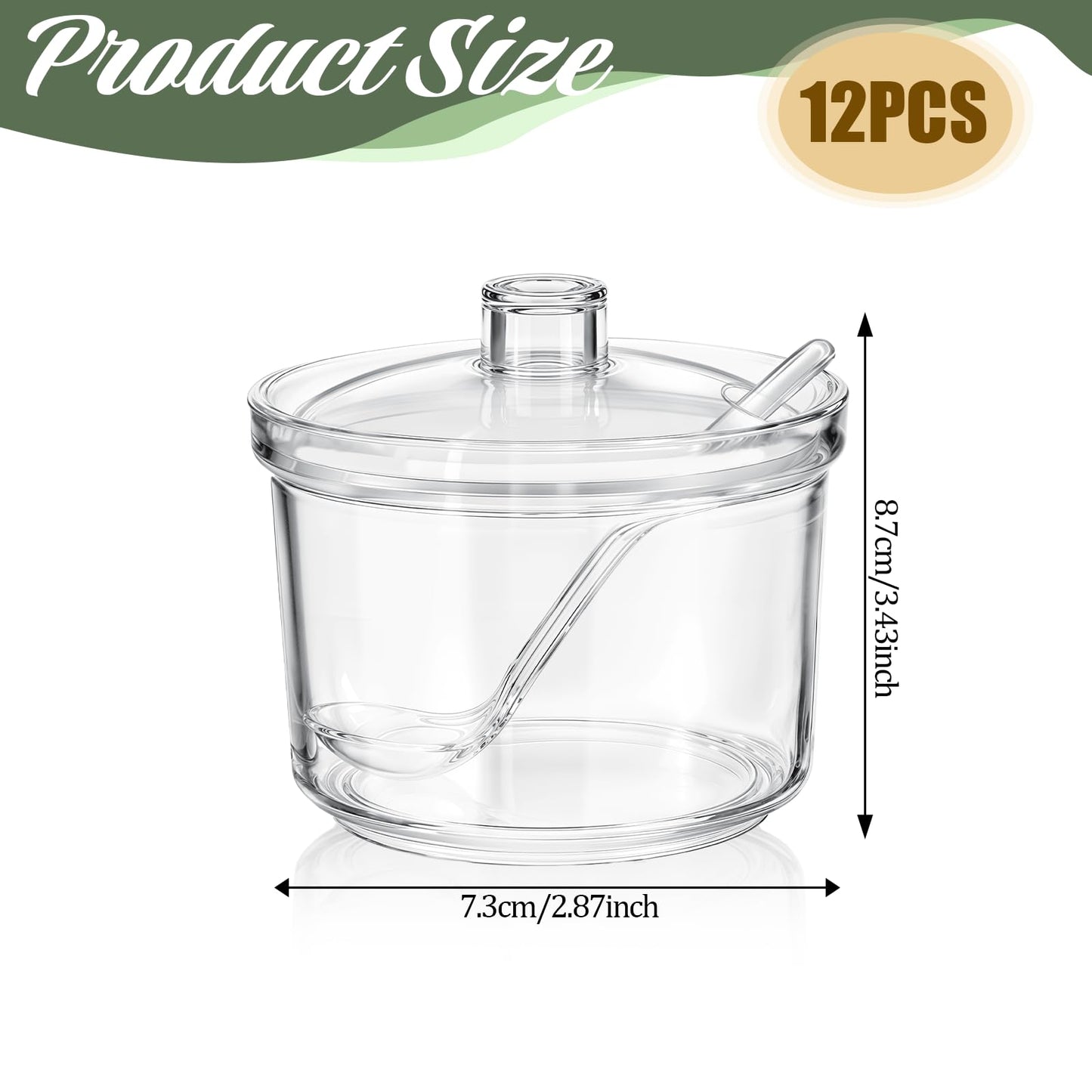Ptwola 12 Pcs Clear Acrylic Sugar Bowl Set Sugar Containers Salt Canister with Lid and Spoon Perfect for Serving Condiment Candy Coffee Tea Spices (7.4 oz)