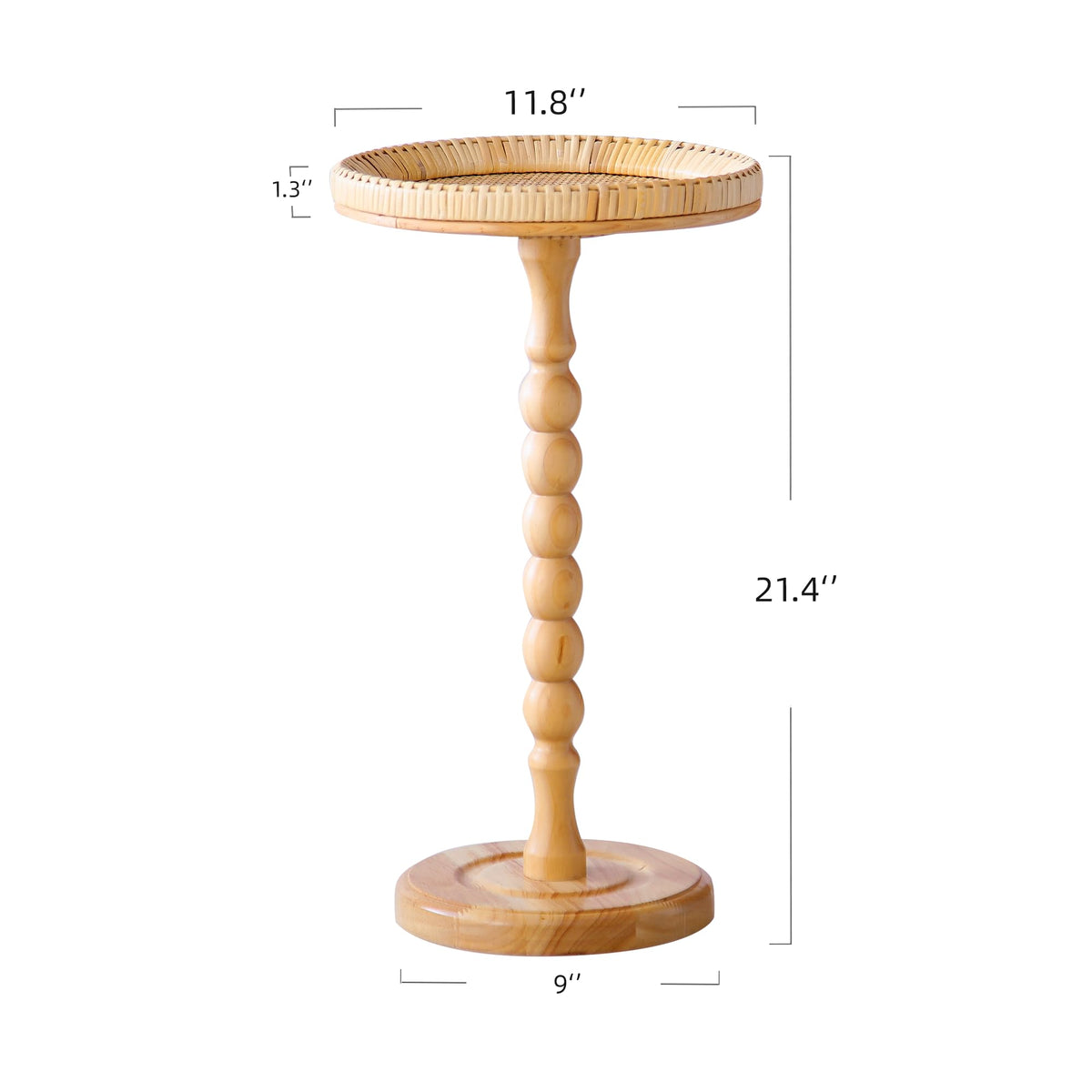 HuiDao Drink Table，Rattan Round Small Side Table for Small Spaces, Boho Circle End Table Coffee Table with Solid Wood Leg for Living Room, Pedestal Table for Bedroom, Corners