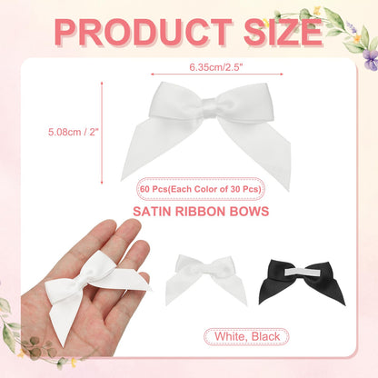 uxcell 1 Set Satin Ribbon Bows, 2.5" Self Adhesive Satin Bows Premade Craft Bow with Double-Sided Tape for Gift Wrapping Making Crafts Birthday Party Wedding Decorations, Black, White