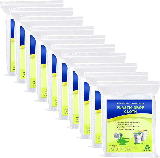 10 Pieces Plastic Drop Sheets for Painting, Waterproof and Dust-Proof Clear