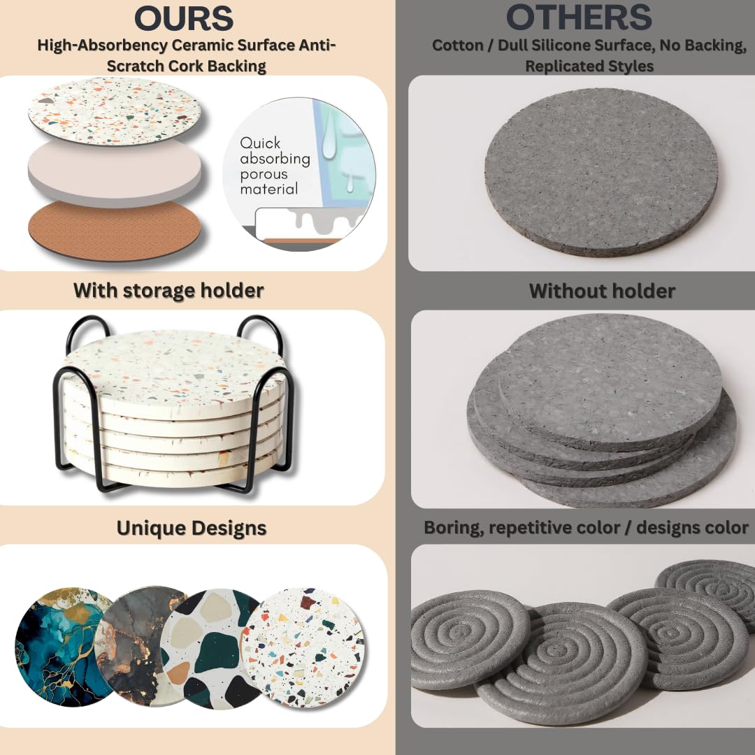 Absorbent Terrazzo Drink Coasters Set of 6 with Holder, Ceramic Drink Coasters for Coffee Table Decor, Water-Absorbing Stone Coasters (Mosaic)