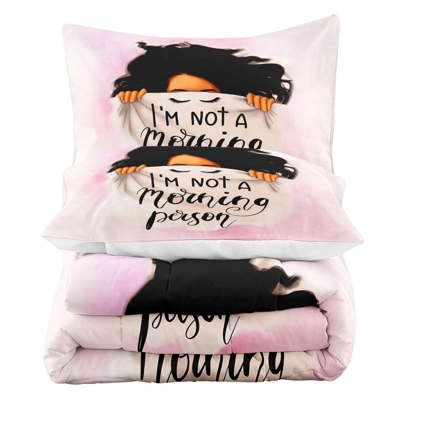 LUVIVIHOME 3PCS African American Black Girl Comforter Set King Size, Black Girl Magic Bedding, I'm Not A Morning Person Funny Gifts for Women Girls Kids, Soft Microfiber Pink Quilt, 2 Pillow Cases