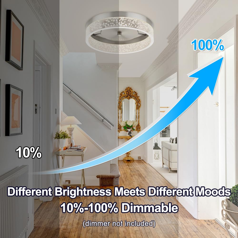 Bekada LED Flush Mount Ceiling Light Fixture, 12In Crystal Chandelier with Clear Bubble Acrylic, Modern Ceiling Lighting for Dining Room, Bedroom, Living Room, Kitchen, Brushed Nickel, 4000K Dimmable