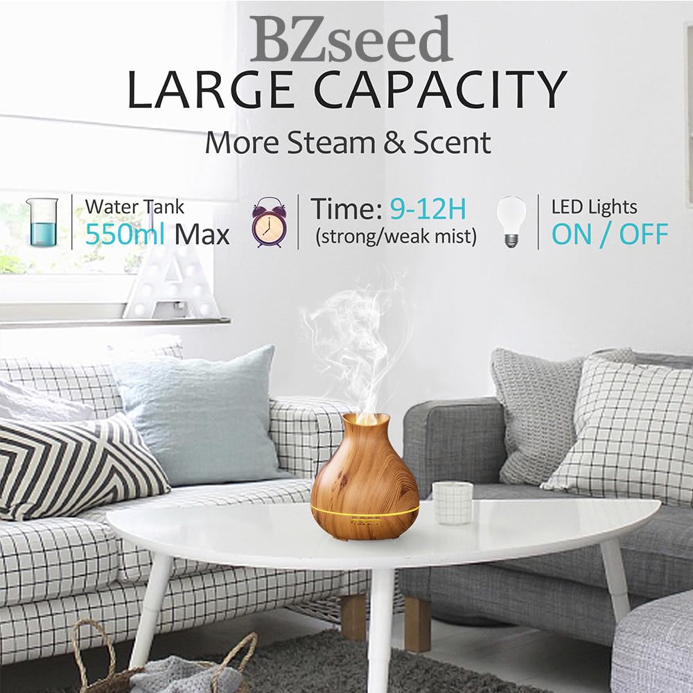 BZseed Aromatherapy Essential Oil Diffuser 550ml 12 Hours Wood Grain Aroma Diffuser with Timer Cool Mist Humidifier for Large Room, Home, Baby Bedroom, Waterless Auto Shut-off,7 Colors Lights Changing