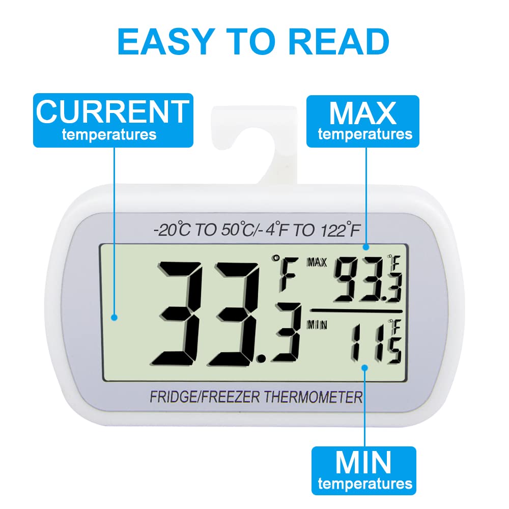 Waterproof Refrigerator Fridge Thermometer, Digital Freezer Room Thermometer, Max/Min Record Function Large LCD Screen and Magnetic Back for Kitchen, Home, Restaurants (2 Pack)