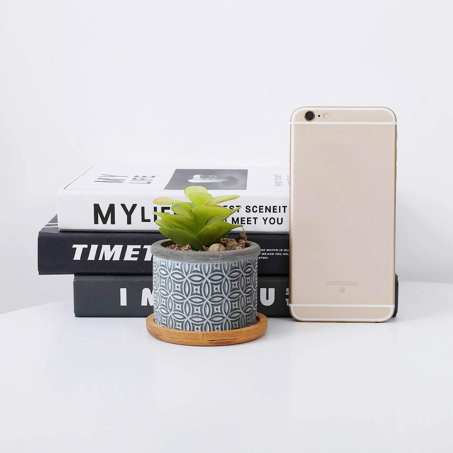 T4U 6CM Cement Succulent Pots with Bamboo Tray 3-Set, Concrete Cactus Pots Small Cacti Planter Grey Gardening Plant Pot Container for Home and Office Decoration Birthday Wedding